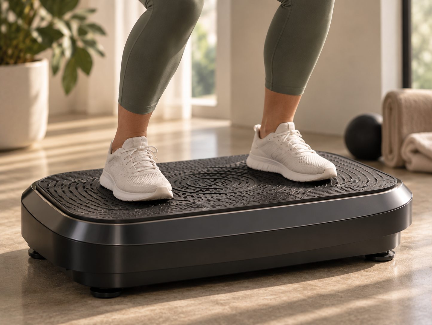 Feet standing on a black vibration plate platform in a soft-lit warm studio